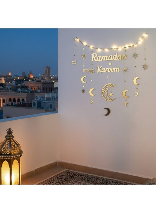 Kareem Gold Wall Hanging Garland with LED Lights - Crescent & Stars Home Decor - Image 4