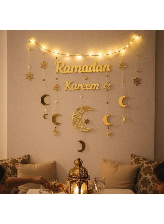 Kareem Gold Wall Hanging Garland with LED Lights - Crescent & Stars Home Decor - Image 5