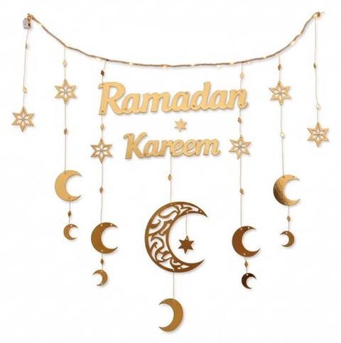 Kareem Gold Wall Hanging Garland with LED Lights - Crescent & Stars Home Decor