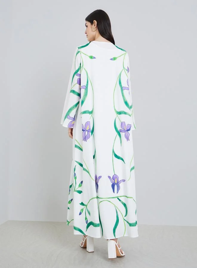 Amirah  Women Placement Print Open Front Abaya for Women | Best Price UAE
