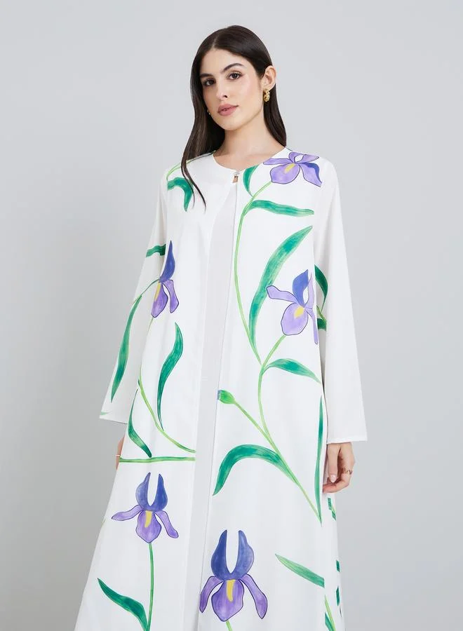 Amirah  Women Placement Print Open Front Abaya for Women | Best Price UAE