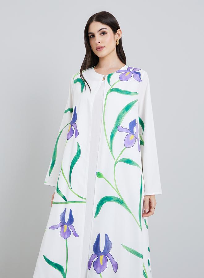 Amirah Women Placement Print Open Front Abaya - Image 2