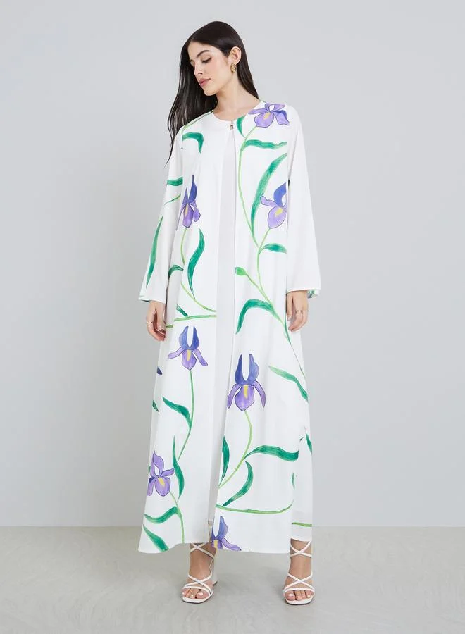 Amirah  Women Placement Print Open Front Abaya for Women | Best Price UAE