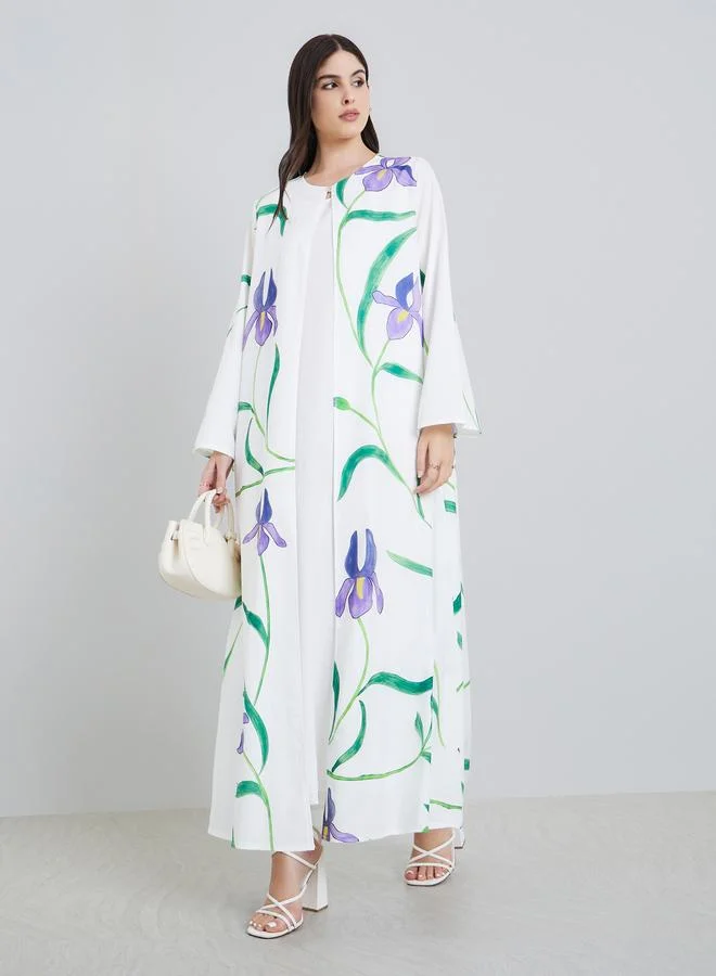 Women Placement Print Open Front Abaya