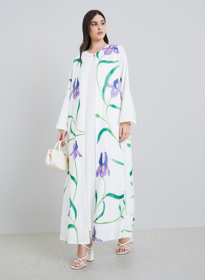 Amirah Women Placement Print Open Front Abaya - Image 1