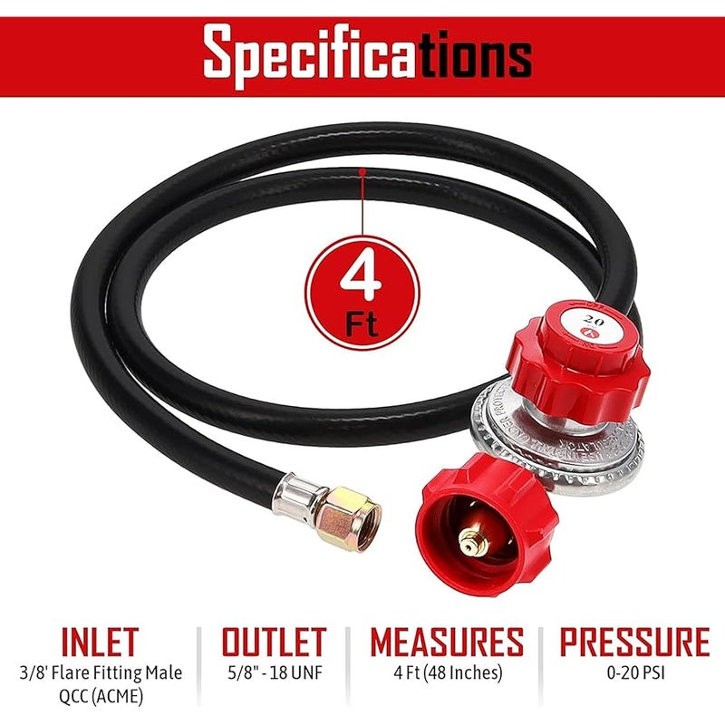 GasOne 2109-RED 4 ft High Pressure 0-20 PSI Adjustable Regulator with Red QCC-1 Type Hose-Works with Newer U.S. Propane Tanks - Image 2