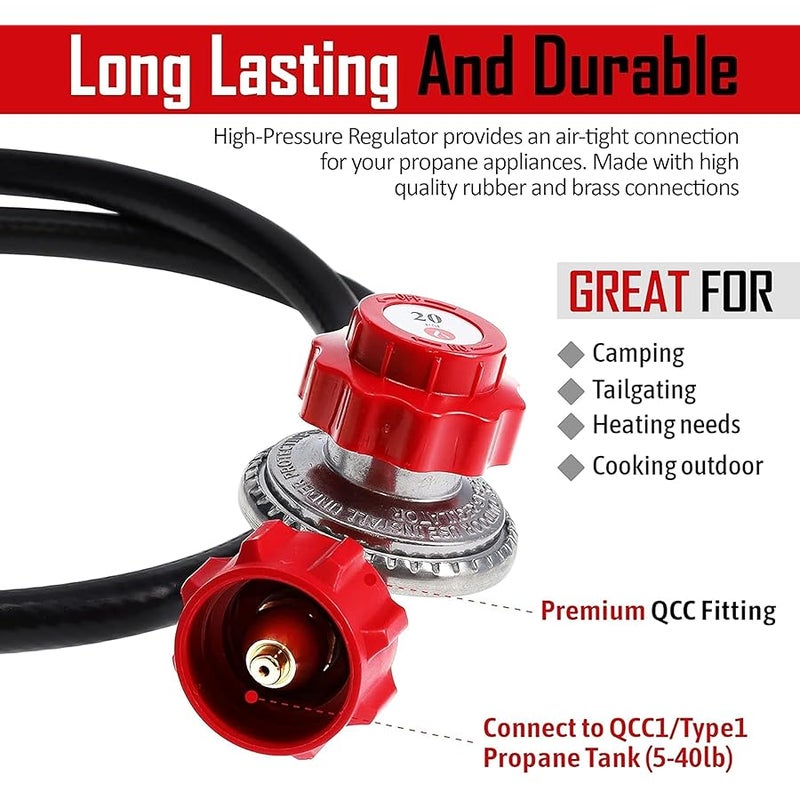 GasOne 2109-RED 4 ft High Pressure 0-20 PSI Adjustable Regulator with Red QCC-1 Type Hose-Works with Newer U.S. Propane Tanks - Image 3