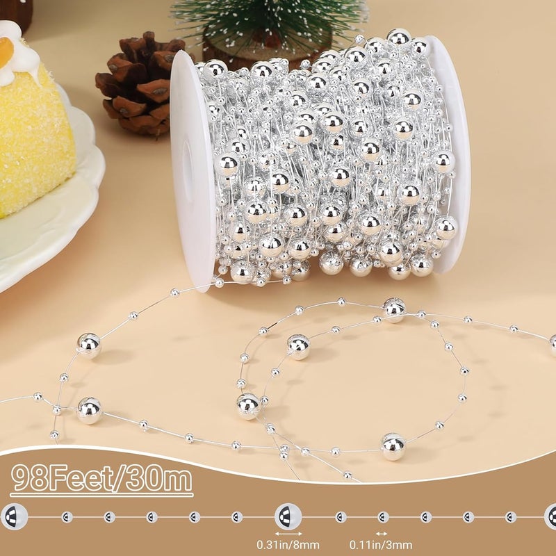SUREAM 98Ft/30M Artificial Pearls String, Faux String of Pearls for Christmas Tree, Roll Silver Plated Pearl String for Birthday Wedding Centerpieces Bridal Bouquet Crafts Decoration - Image 2