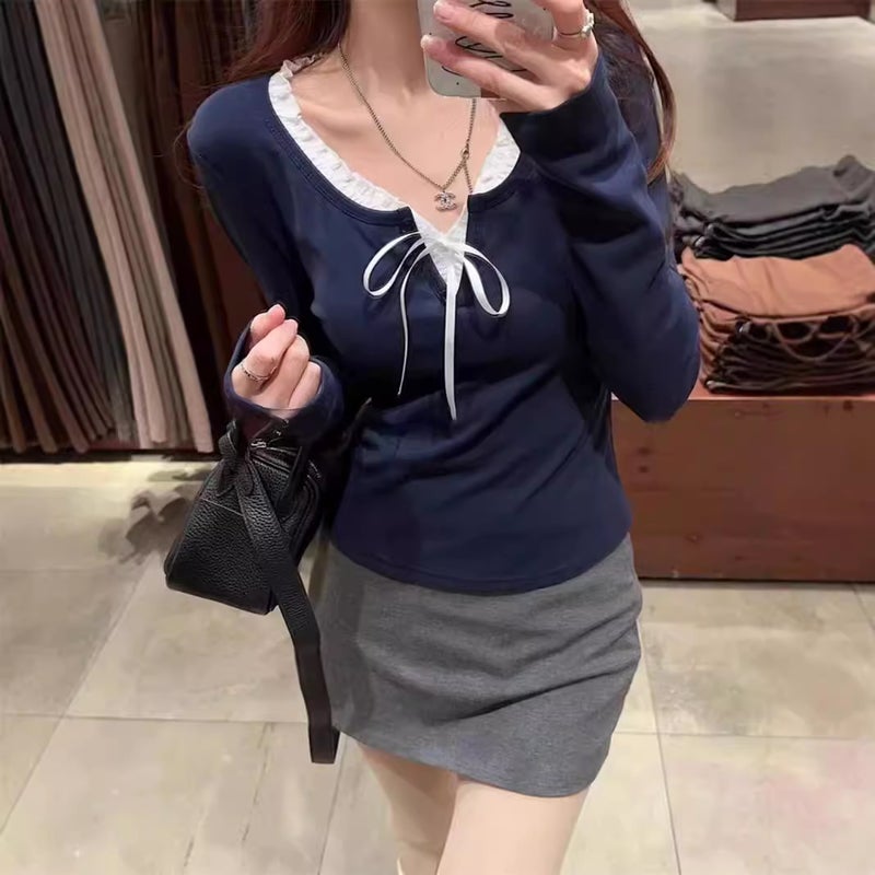 Factory Ear Edge Fake Two-Piece Spice Girls Slim-Fit New V-Neck Slim-Fit Long-Sleeved T-Shirt Women'S Base Shirt - Image 4
