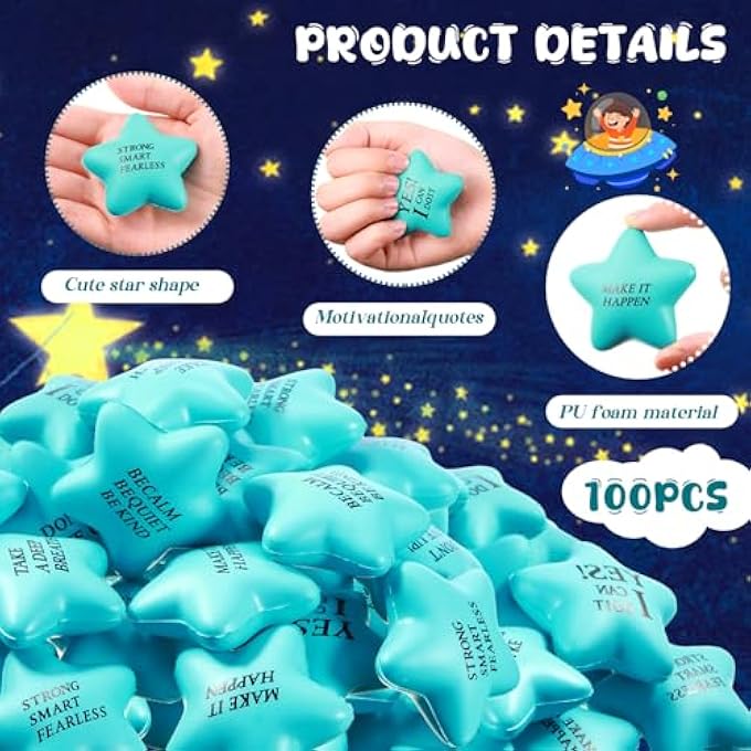 Chalyna 30 Pcs Star Stress Ball Motivational Quote Stress Balls Bulk Adults 2.2 Inch PU Foam Relief Ball Sensory Star Ball Gifts for Kids Teens Relieve Anxiety Party Supplies (Sky Blue) - Image 3