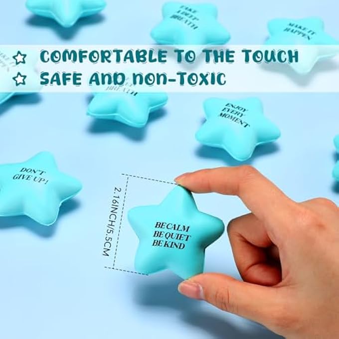 Chalyna 30 Pcs Star Stress Ball Motivational Quote Stress Balls Bulk Adults 2.2 Inch PU Foam Relief Ball Sensory Star Ball Gifts for Kids Teens Relieve Anxiety Party Supplies (Sky Blue) - Image 2