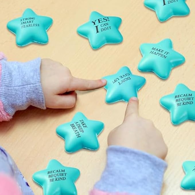 Chalyna 30 Pcs Star Stress Ball Motivational Quote Stress Balls Bulk Adults 2.2 Inch PU Foam Relief Ball Sensory Star Ball Gifts for Kids Teens Relieve Anxiety Party Supplies (Sky Blue) - Image 5