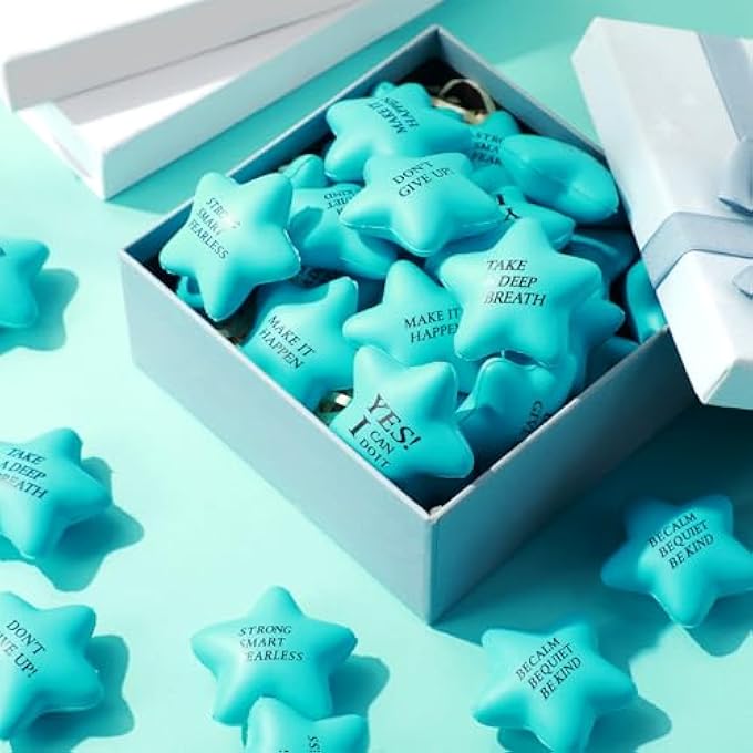 Chalyna 30 Pcs Star Stress Ball Motivational Quote Stress Balls Bulk Adults 2.2 Inch PU Foam Relief Ball Sensory Star Ball Gifts for Kids Teens Relieve Anxiety Party Supplies (Sky Blue) - Image 4
