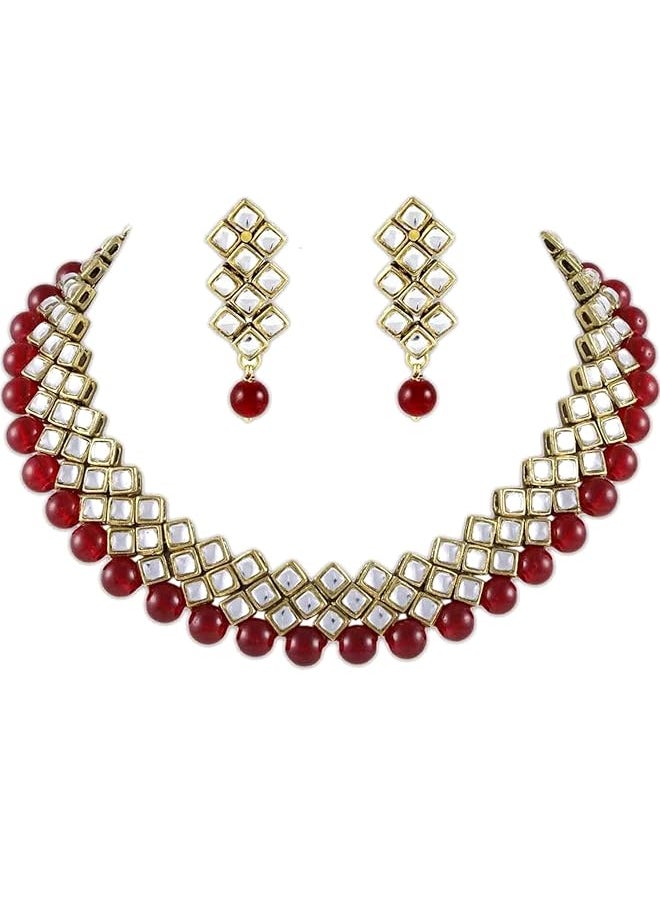 Shining Diva Fashion Red Kundan Pearl Choker Traditional Necklace Jewelery Set With Earrings For Women 7813S  - Image 1