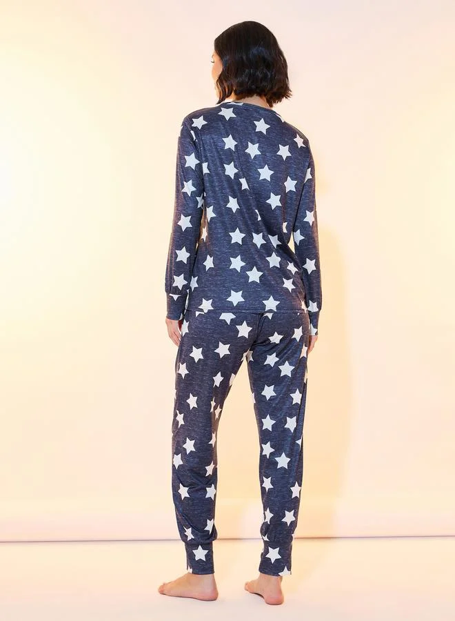 Take Two Star Print Long Sleeve T-Shirt & Cuffed Pyjama Set