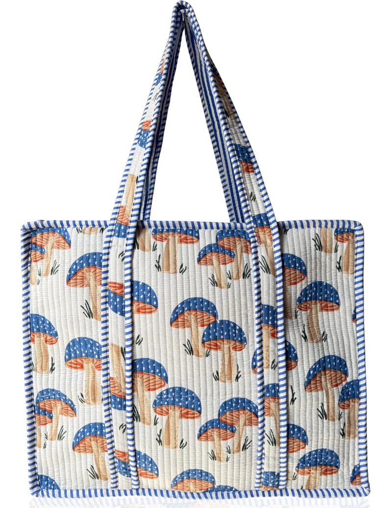 Third Eye Export 100% Cotton Quilted Tote Bag 18x16â€“ Large Zipper Beach Bag & Travel Bag White Purse Reusable Grocery Bags (White Aria Mushroom Print) - Image 1
