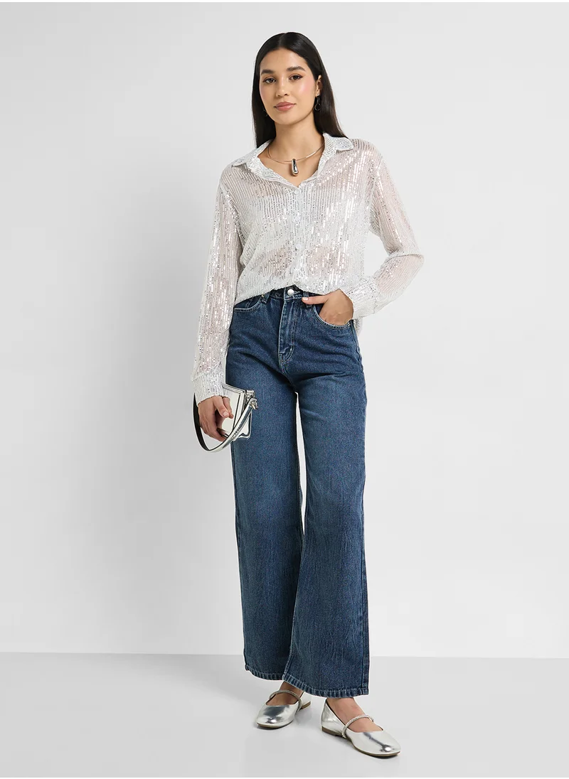 جينجر Mid Rise Wide Leg Jeans