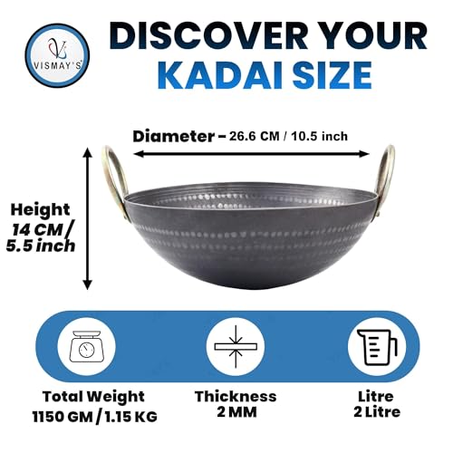 VISMAY'S 2 Litre 10.5 inch Food Grade Iron Kadai India’s 1st Smooth Edge Kadhai Strong Riveted Handle Traditional Frying Pan Wok Hammered Heavy Base Metal Spoon Friendly Works on Gas and Induction - Image 2