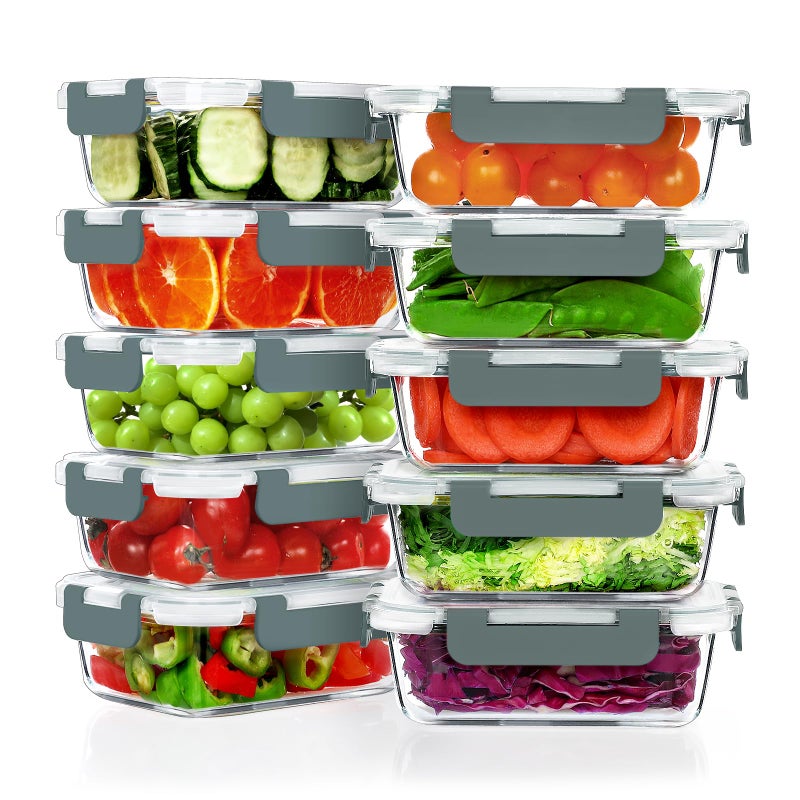 VERONES 10 Pack 22 OZ Glass Meal Prep Containers, Airtight Glass Lunch Containers Set, Glass Food Storage Containers with Lids,Exclusive of BPA, for Microwave, Oven, Freezer & Dishwasher Friendly,Grey - Image 1