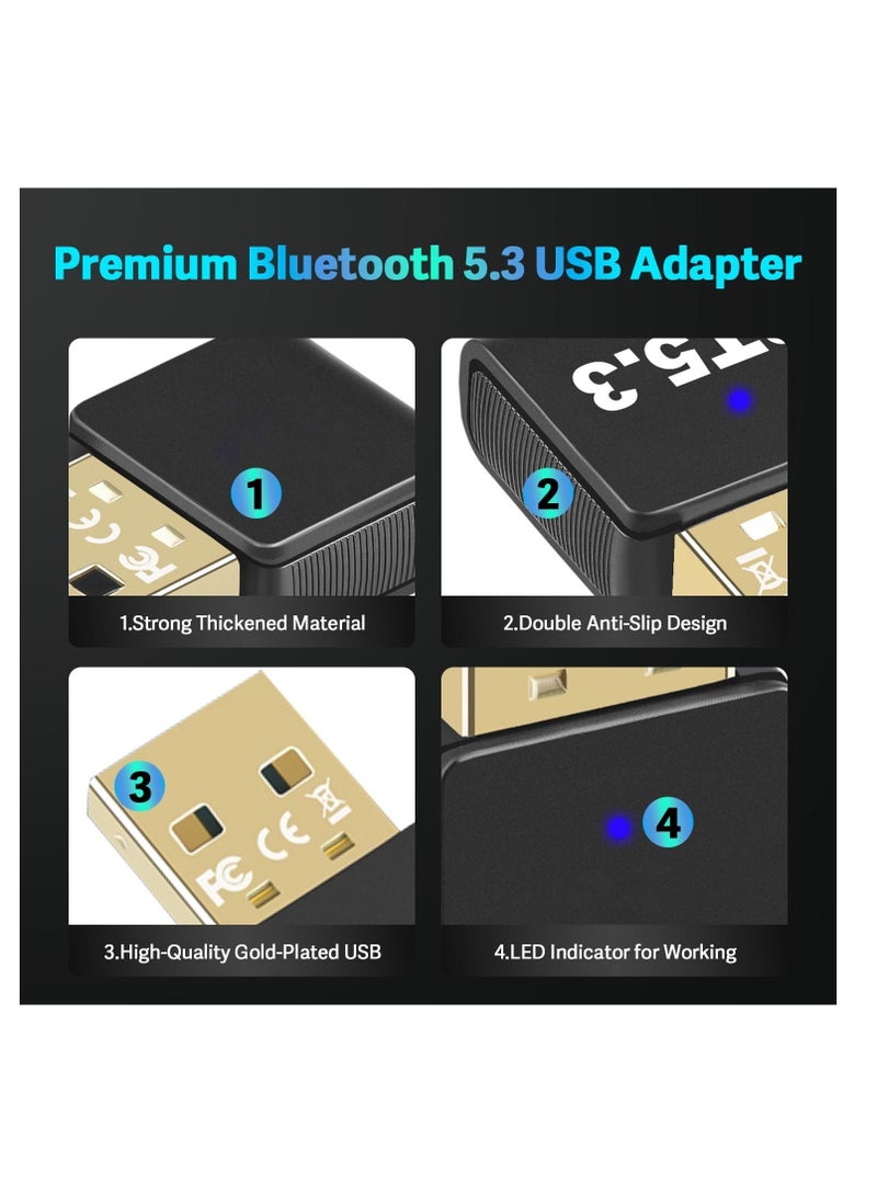 Bluetooth 5.3 USB Adapter for PC Desktop,, Wireless Transmitter Dongle for Windows 11/10/8.1/7 Computer Laptop, Plug and Play, No Driver Required, for Headset Speaker Keyboard Mouse Printer - Image 2
