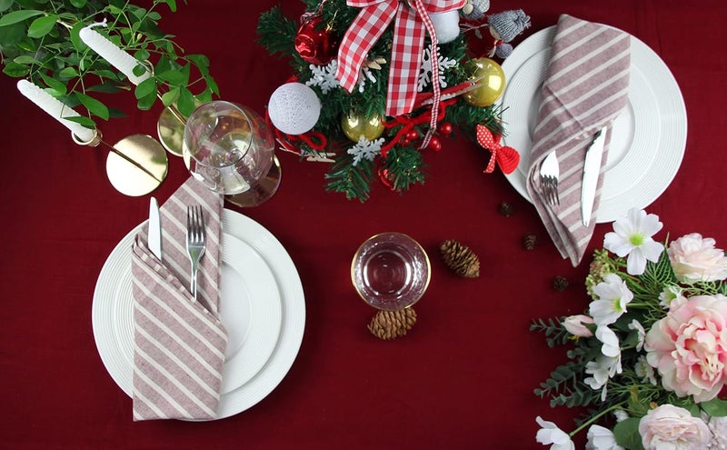 INFEI Broad Striped Cotton Blended Dinner Cloth Napkins  Set of 12 17 x 17 inches  for Xmas Parties Events  Home Use Rust Red - Image 5