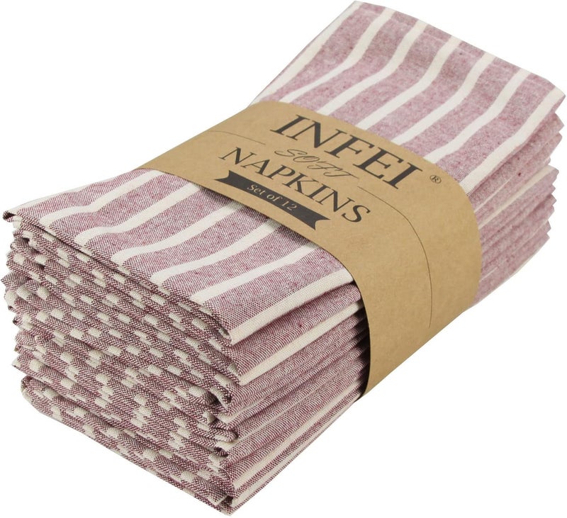 INFEI Broad Striped Cotton Blended Dinner Cloth Napkins  Set of 12 17 x 17 inches  for Xmas Parties Events  Home Use Rust Red - Image 1