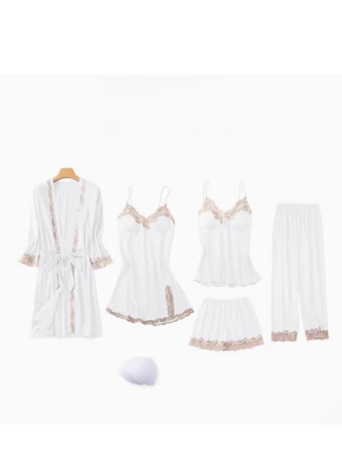 Pajama Women's Ice Silk Five Piece Set With High-End Feel And Chest Cushion Silk Home Suit Set - Image 1
