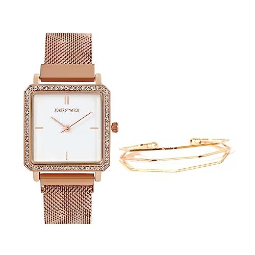 Joker & Witch Stainless Steel Women Mira Rosegold Analog Watch Bracelet Stack, White Dial, Rose Gold Band - Image 1