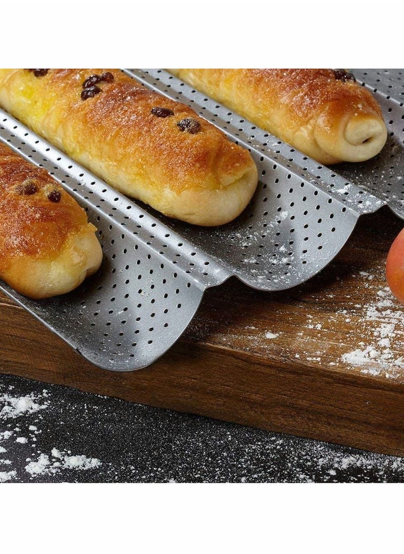 Excefore - Baguette Baking Tray Baguette Non-Stick Perforated French Bread Stick Pan Baguette Mould Loaf 4 Trough Loaves Wave Baker Non-Stick Perforated for Oven Baking (Silver) - Image 1