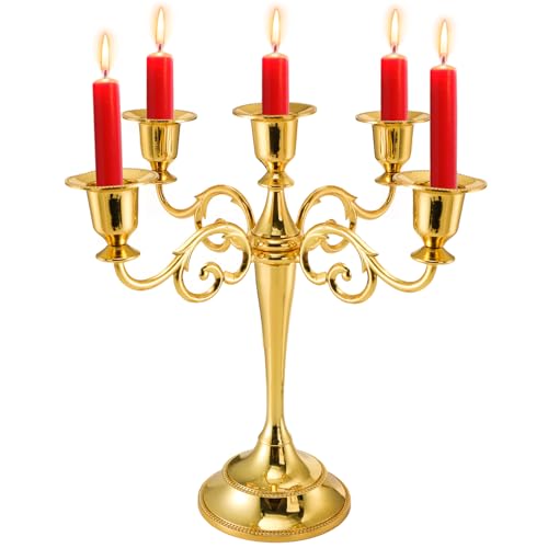 YOUEON 5 Arm Gold Candelabra, Candelabra Candle Holder, 10 Inch Tall Candlesticks Holder, Elegant Taper Candle Holder Centerpiece for Wedding, Church, Halloween, Dining, Home Decor - Image 1