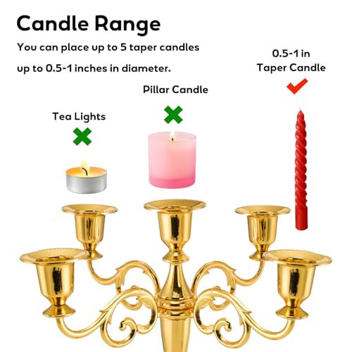 YOUEON 5 Arm Gold Candelabra, Candelabra Candle Holder, 10 Inch Tall Candlesticks Holder, Elegant Taper Candle Holder Centerpiece for Wedding, Church, Halloween, Dining, Home Decor - Image 3