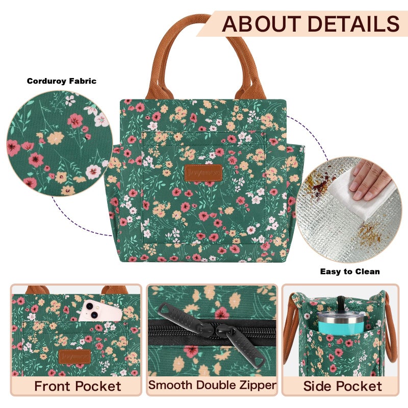 Joymee Lunch Bag Women Insulated Lunch Box Cute Corduroy Reusable Leakproof Large Capacity Lunch Tote Bag for Women Men Adult with Bottle Holder and Side Pockets for Work - Corduroy Multi-Floral - Image 5