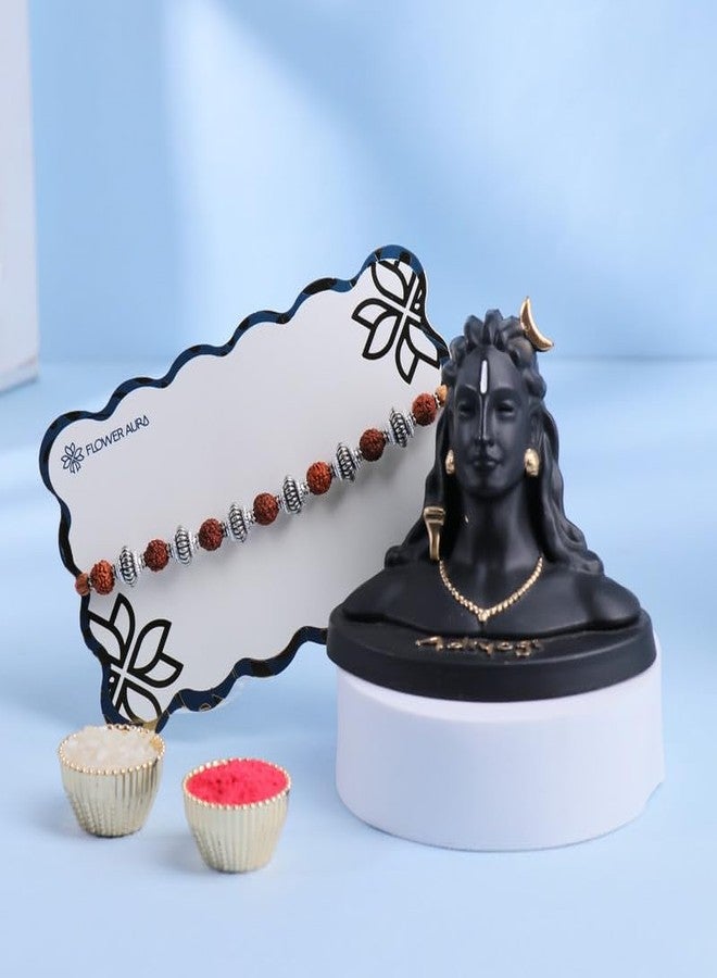 Floweraura مجموعة Floweraura Premium Rakhi for Brother Idol تتضمن مجموعة Rudraksha Rakhi المعدنية التقليدية مع مجموعة Lord Shiva Adiyogi Idol & Roli - هدية Rakhi للأخ والبهاي وأبناء العم وRakshabandhan - Image 1