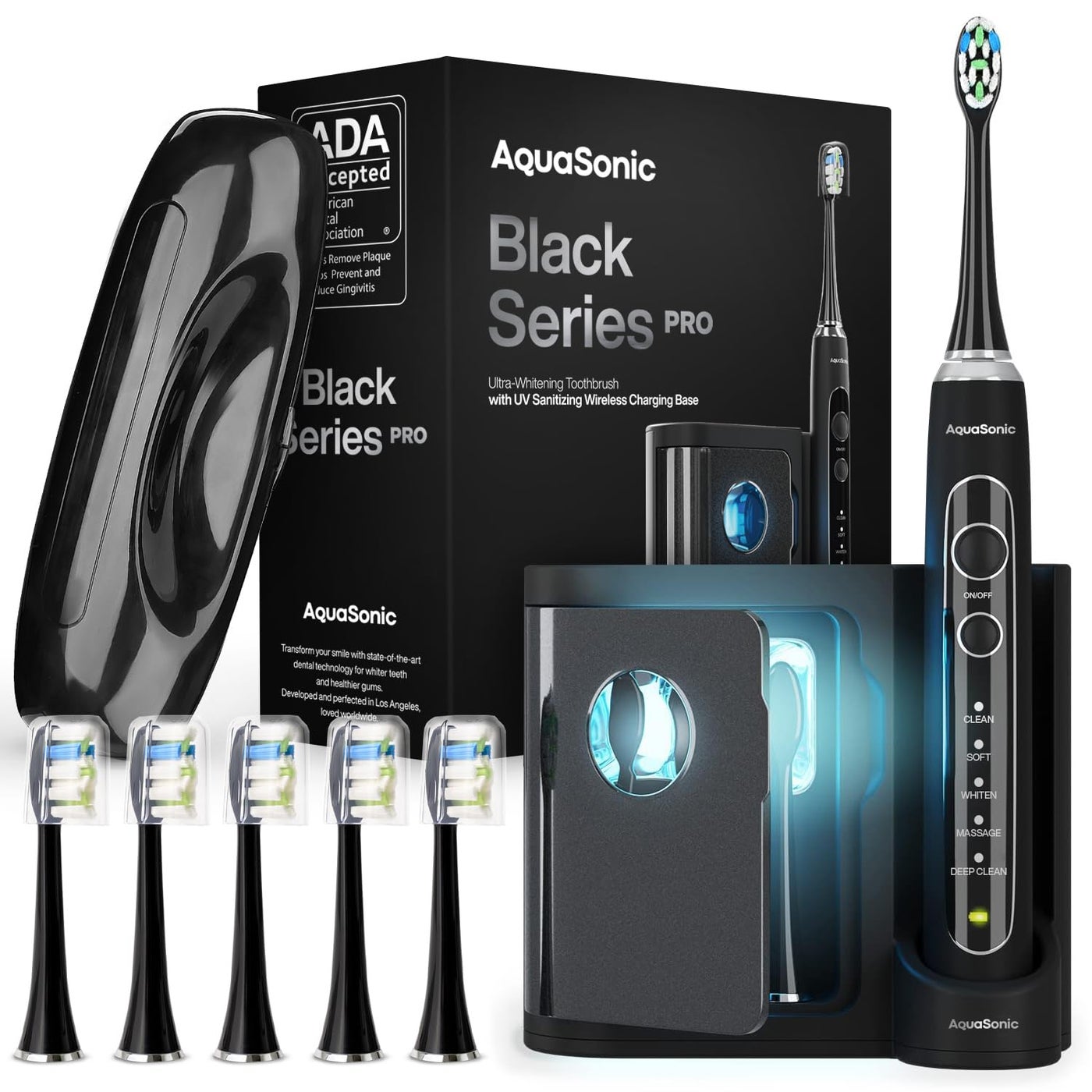 Aquasonic Black Series PRO UV UltraWhitening Electric Toothbrush 5 Modes Smart Timers UV Sanitizing Base Premium Travel Case 6 Proflex Brush Heads ADA Accepted
