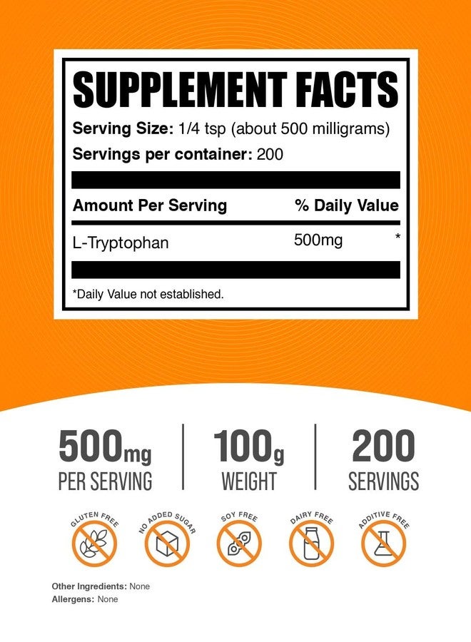بالك سابلمنتس مسحوق إل-تريبتوفان من BulkSupplements.com - مكمل تريبتوفان، مكمل أحماض أمينية - خالٍ من الغلوتين، 500 ملغ لكل حصة، 100 غرام (3.5 أونصة) (عبوة واحدة) - Image 2