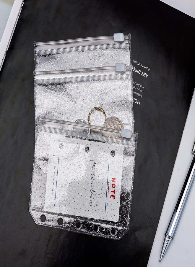 Mogoostry A8 Binder Pockets Clear Zipper Pocket 5 Holes Binder Pouches 12pcs Clear Glitter Binder Pockets with Zipper Mini Cash Envelopes Coin Pouch - Image 4
