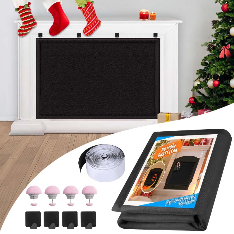 CADARA Fireplace Draft Cover, Fireplace Blocker Blanket Stops Heat Loss, Adjustable Fire Place Draft Stopper with Hook and Loop Tapes, Black 42" W x 36" H - Image 1