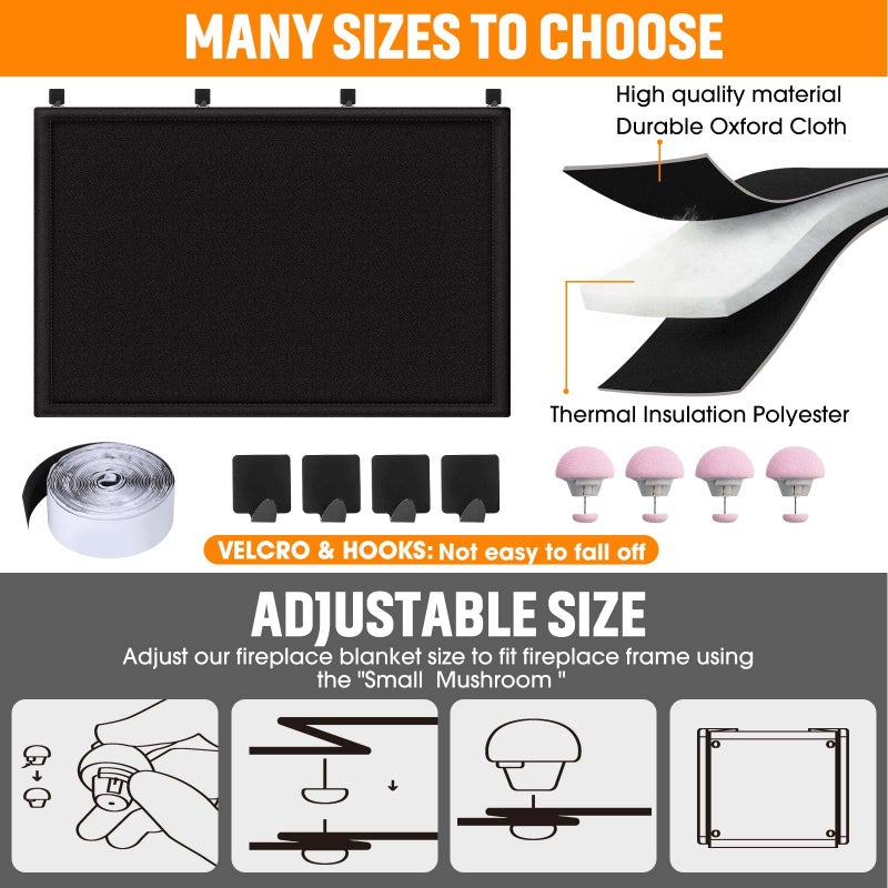 CADARA Fireplace Draft Cover, Fireplace Blocker Blanket Stops Heat Loss, Adjustable Fire Place Draft Stopper with Hook and Loop Tapes, Black 42" W x 36" H - Image 2