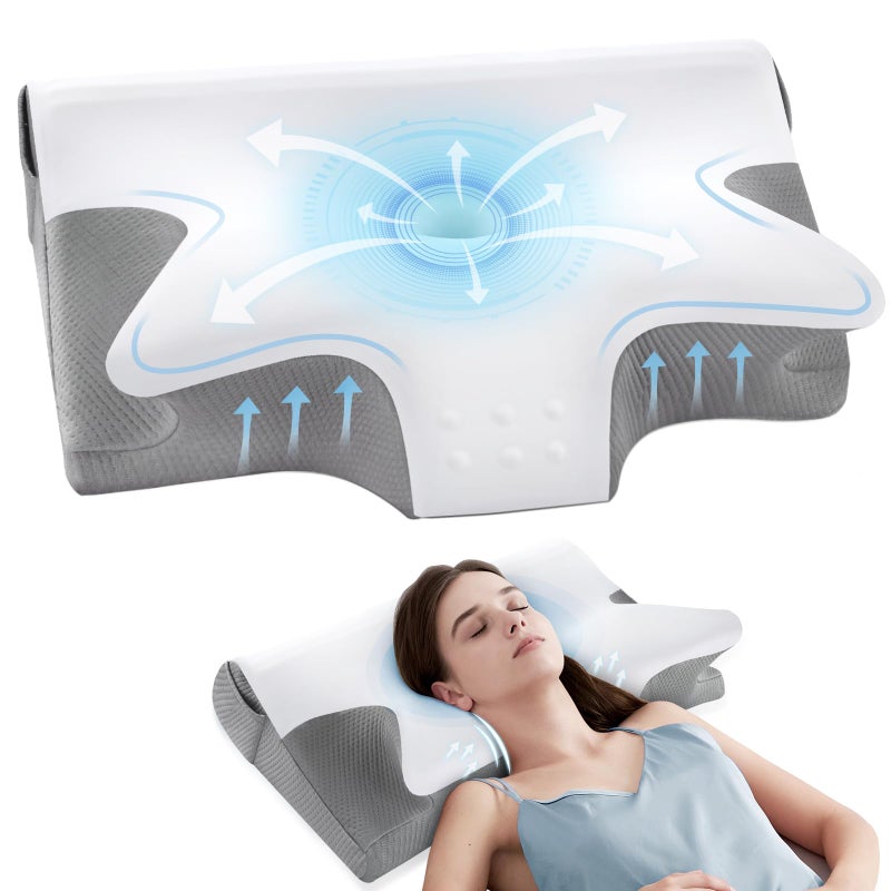 ComRola Effective Pain Relief Cervical Neck Pillow for Sleeping, Memory Foam Pillows for Neck Support, Cooling Odorless Contour Side Pillow, Ergonomic Bed Pillow for Back Stomach Sleeper (White and Grey) - Image 1