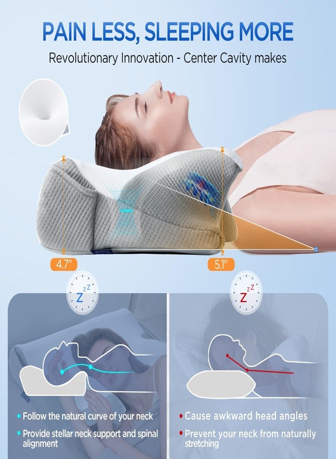 ComRola Effective Pain Relief Cervical Neck Pillow for Sleeping, Memory Foam Pillows for Neck Support, Cooling Odorless Contour Side Pillow, Ergonomic Bed Pillow for Back Stomach Sleeper (White and Grey) - Image 2