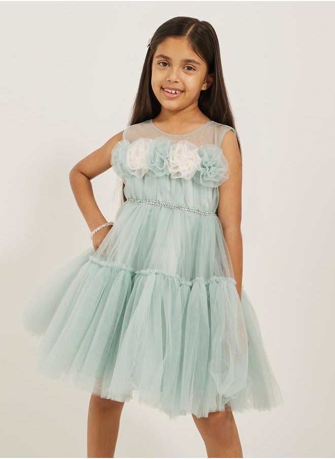 Styli - Ruffled Hem Flower Corsage Sleeveless Dress - Image 1