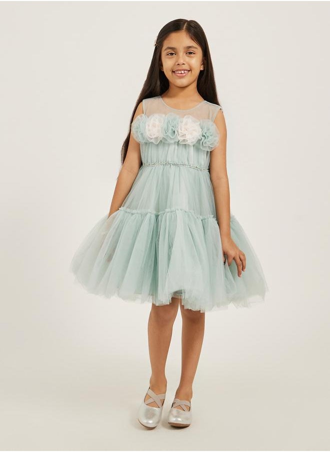 Styli - Ruffled Hem Flower Corsage Sleeveless Dress - Image 1