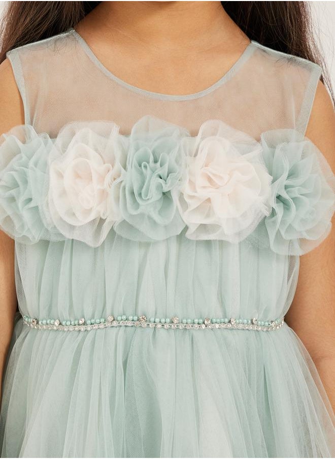 Styli - Ruffled Hem Flower Corsage Sleeveless Dress - Image 1