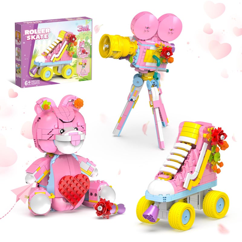 Mov stone 3in1 Creator Building Set 520Pcs Compatible with Lego Roller Skate Heart Bear with Rose and Movie Projector Ideal Gift for Girls and Girlfriend - Image 3
