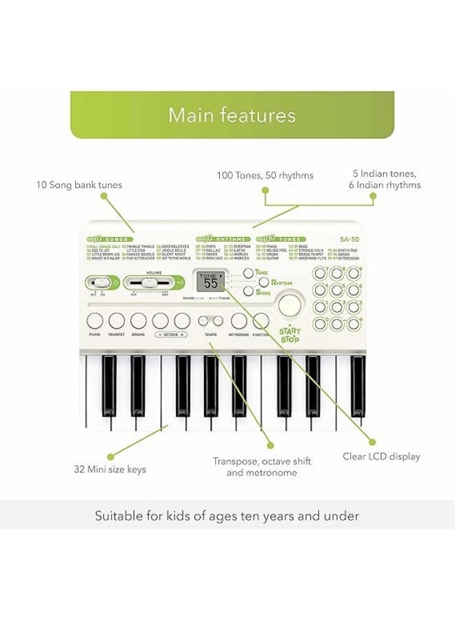 كاسيو لوحة مفاتيح صغيرة Casiotone SA-50 بأصوات بيانو، لون أبيض (32 مفتاحاً) - Image 4