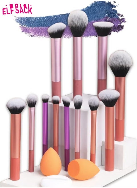 15 PCS Makeup Brush Set, 12 Multi Use Makeup Brushes with 2 Makeup Sponges and 1 Makeup Puff, Foundation Blush Concealer Shading Eye Brush, for Beginners and Professionals