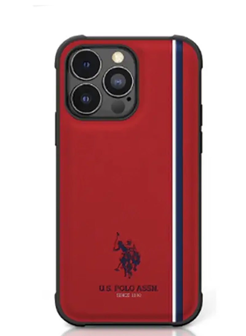 يو اس بولو يحافظة هاتف آيفون 15 برو ماكس من جلد البولي يوريثان مع خط DH ثلاثي الألوان - أحمر - Image 1