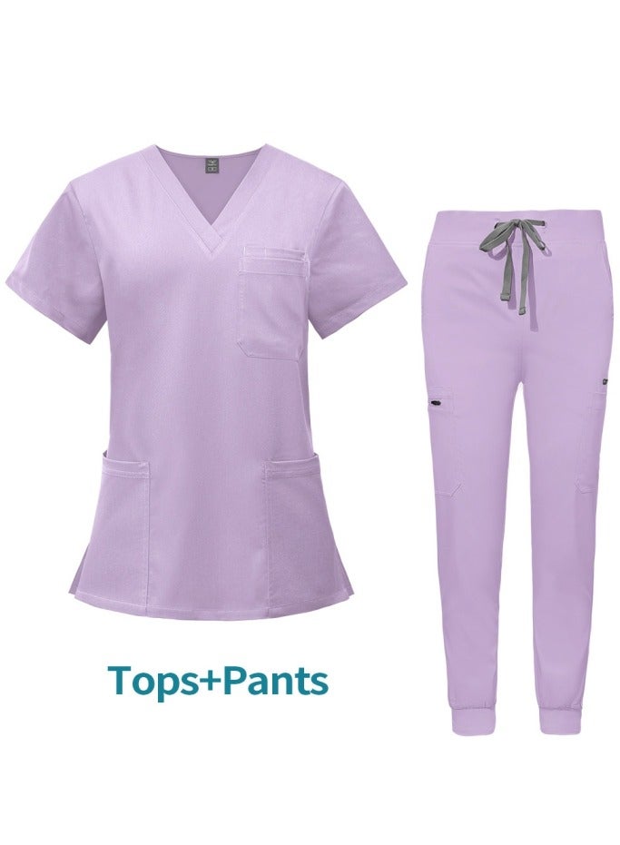 Loquat Medical Uniform Scrubs 2 Piece Set V-Neck Top and Jogger Pants Suit Light Purple  - Image 1