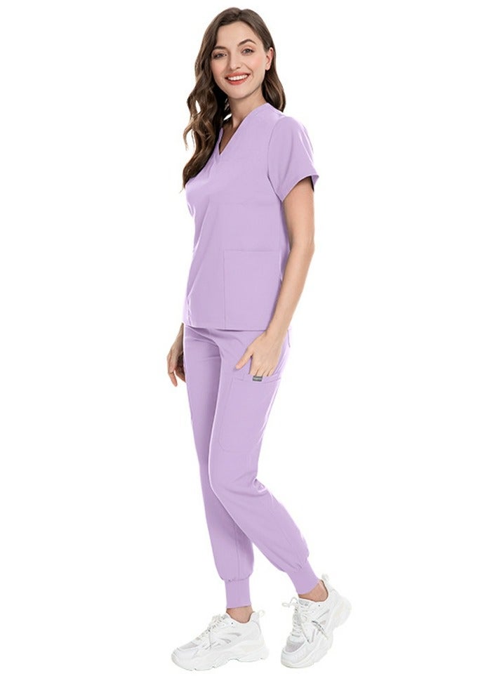 Loquat Medical Uniform Scrubs 2 Piece Set V-Neck Top and Jogger Pants Suit Light Purple  - Image 3