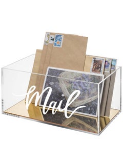 MyGift Clear Acrylic Tabletop Mail Organizer Box With Letter Word Script Design And Gold Mirror Base  - Image 1